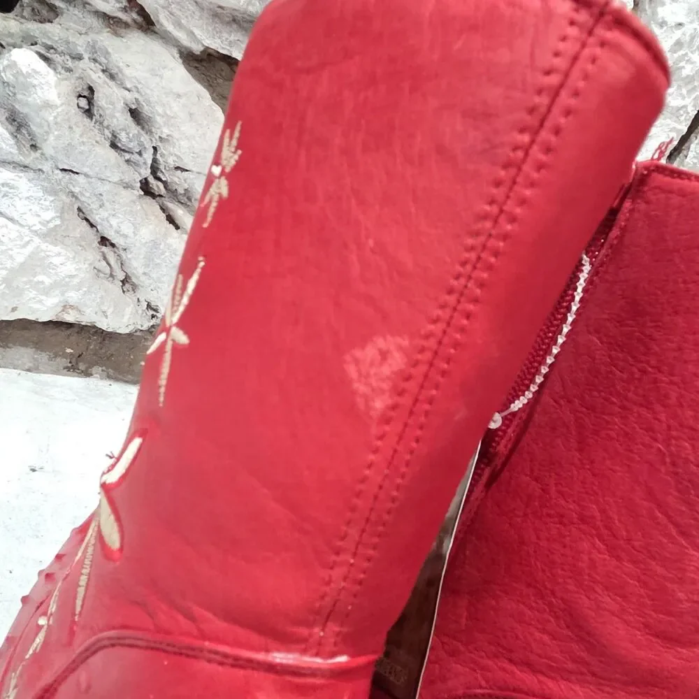 El Canelo Leather Women Red Ostrich Floral Embroidered Boots Sz 5 US Cowgirl